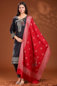 <b>Red</b> Banarasi Wool <b>Saree</b> Zari Border Traditional Indian Salwar Kameez Graduation Wedding Party Festival Women Recycled Materials - Product Image 4