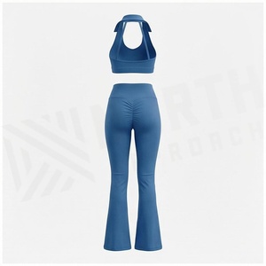 North Approach 2 Piece Yoga Set Halter Neck Flared Leg High Waist Solid Blue Breathable Sportswear - Product Image 2