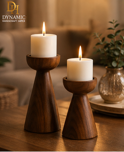 Natural Wood <b>Candle</b> Stand Set of 2 Different Height Pedestal Holders Rustic Boho Home Table Decoration - Product Image 4