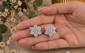 Flowers Style 925 Sterling Silver Classic Round Cut Moissanite Stud <b>Earrings</b> With Rhodium Plating for Partners Gift Her - Product Image 1