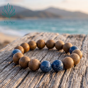 Bracelet de luxe en bois d'agar unisexe, cadeau AL-SX-0022-12 avec 4 perles de corail bleu et 13 perles de bois d'agar naturel, pour la méditation - Product Image 4