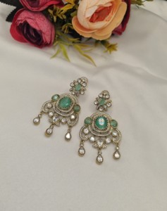 Designer Kundan Gemstone Oval Cut <b>Dangle</b> Statement <b>Earrings</b> Antique <b>Gold</b> Plated For Festivals Wedding Reception Party Wholesaler - Product Image 3