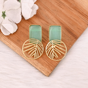 Handmade Gold Plated Green Cat's Eye Gemstone Brass Earrings Trendy Fashion Statement Jewelry for Women - Product Image 4