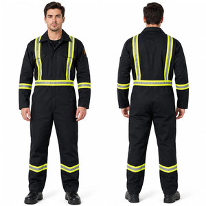 Combinaison de travail réfléchissante personnalisée pour hommes et femmes, avec bandes de sécurité, pour travaux routiers, noire, avec poches, vente en gros - Product Image 1