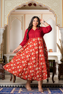 Ensemble femme en rayonne imprimé floral, grande taille, style Anarkali, col chemise, manches 3/4, bordeaux, ethnique, décontracté, tenue de fête, coupe évasée - Product Image 5