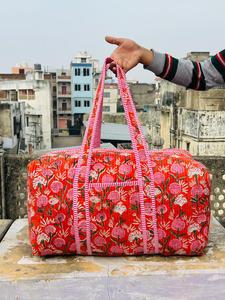 Handmade Floral Print Duffel <b>Bag</b> Blue Pink Cotton Quilted Weekender Travel <b>Bag</b> Large Capacity Zipper Closure - Product Image 1