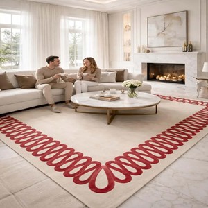 Tapis moderne à bordure rouge, tapis contemporain tufté à la main avec cadre bouclé, tapis en laine de qualité supérieure, tapis décoratif minimaliste pour salon et chambre à coucher - Product Image 6