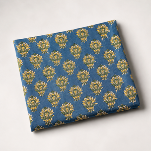 Conjunto de tela de algodón estampada a mano con motivos florales azules y amarillos para vestido, traje, dupatta, ropa de hogar, ropa festiva y ropa de oficina. - Product Image 2