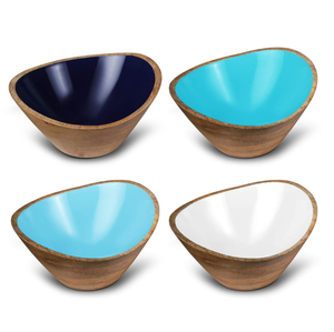 Ensemble de saladiers en bois de manguier avec intérieur décoratif imprimé en émail bleu, bols de service ronds en bois pour la maison et la restauration - Product Image 5