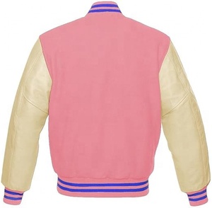 Chaqueta Varsity de Béisbol con Mangas de Cuero Genuino, Rayas Azules, Color Rosa Bebé, Tipo Lana, con Logotipo Bordado Personalizado en la Parte Delantera - Product Image 6