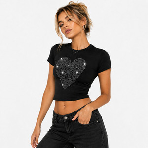Luxe Solid Black Custom Bling <b>Rhinestone</b> Baby Tee women's shirt Slim Fit Y2K <b>Crop</b> <b>Top</b> Premium Graphic Crew Neck Casual Blouse - Product Image 3