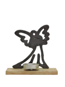 Porte-bougie en métal foncé en forme d'ange avec coupelle pour bougie chauffe-plat et base en bois, décoration de table - Product Image 3