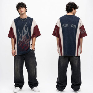 Men's Oversized Cotton T-<b>Shirt</b> Short Sleeve O-Neck <b>Flame</b> Rhinestone Print Contrast Trim Street Style Rhinestone T-<b>Shirts</b> - Product Image 4