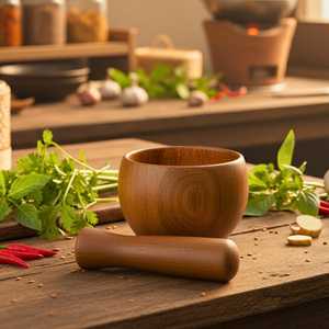 Mortero y Pilón de Madera Natural Ecológicos, Duraderos y Hechos a Mano, de Grado Alimenticio, para Moler Especias, Hierbas, Ajo y Jengibre en la Cocina - Product Image 3