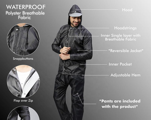 Men Winter Thermal Waterproof Reversible Front Rain Suit 2 Piece Set Lightweight <b>Packable</b> Raincoat Hood Casual Street Style - Product Image 4