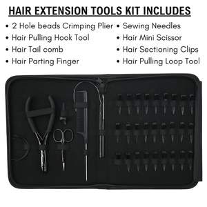 Kit complet d'installation d'extensions capillaires en acier inoxydable : Outil de sertissage, crochet de tirage, enfileur de boucles, scellant pour extensions à bandes - Product Image 4