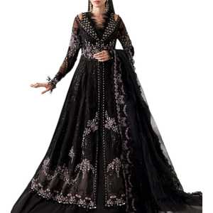 Robe de mariée en mousseline noire perlée, coupe princesse, avec traîne cathédrale, col en V, manches longues, taille empire, fermeture éclair au dos - Product Image 1