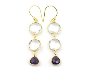 Boucles d'oreilles créoles plaquées or faites à la main pour femmes, avec perles d'eau douce et pierres précieuses de pierre de lune arc-en-ciel, design classique, bijoux - Product Image 1