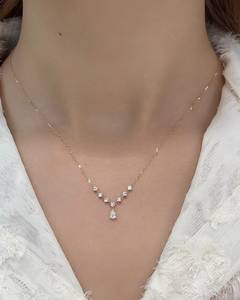 14K <b>Solid</b> <b>Gold</b> Pear Cut Diamond <b>Pendant</b> Necklace Minimalist Geometric Design Rhodium Plated Link Chain Luxury Wedding Jewelry - Product Image 2