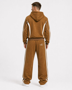 Sweat-shirts à capuche zippés marron de luxe à coupe carrée avec empiècements contrastants, pantalons de survêtement en molleton de coton épais personnalisés, coupe décontractée, style streetwear hip-hop - Product Image 3