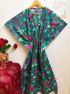 Women Floral Bird Print Cotton <b>Kaftan</b> Dress | Boho <b>Beach</b> Cover-Up Resort Wear V-neck Batwing Sleeves Maxi Eco-Friendly Handmade - Product Image 2