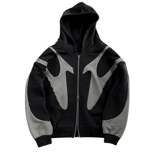 Hoodie unisexe en molleton lourd patchwork haute couture avec double écharpe, en laine/viscose, coupe oversize, double fermeture éclair, style streetwear hivernal - Product Image 5