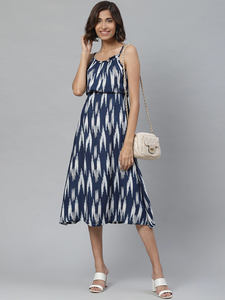 Women's Rayon Ikat Printed <b>Spaghetti</b> <b>Strap</b> Ruffle Neck Cami Dress Indigo Colour Casual Summer Comfortable Wear Western Dress - Product Image 1
