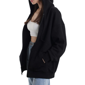 Sweat à capuche zippé oversize noir uni pour femme en molleton brossé, double couture, qualité supérieure, idéal pour les voyages - Product Image 3