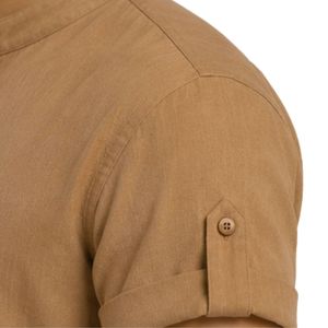 Camisa Casual de Lino y Algodón para Hombre, Color Camel, Cuello Mandarín, Manga Corta, Transpirable, Verano, Mangas Enrollables, Bordada, Personalizada - Product Image 6