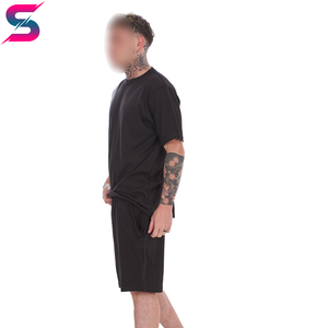 Nouvel Arrivage Ensemble T-shirt et Short Tricoté à Col Rond pour Homme, Lavable en Machine, Décontracté d'Été, Noir et Gris à Blocs de Couleurs - Product Image 2