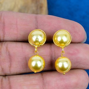 Handmade Golden Pearl Round Shape Gemstone Dangle <b>Stud</b> Earrings 18k Gold Micron Over 925 <b>Sterling</b> <b>Silver</b> - Product Image 2