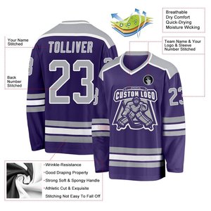 Jersey de Hockey sobre Hielo de Primera Calidad, Nuevo Diseño, Color Morado y Gris, Impresión Sublimada, Cuello en V, Manga Larga, Absorbe la Humedad, Unisex para Adultos - Product Image 3