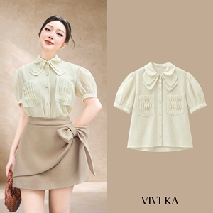 Blusa de Gasa para Mujer con Cuello Peter Pan, Manga Corta Abullonada, Botones, Elegante, Primavera-Verano, EZRA - Product Image 1