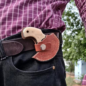 Mini-couteau à pizza en acier Damas, couteau Ulu d'Alaska avec manche en os de chameau et étui en cuir fin, couteaux de camping - Product Image 4