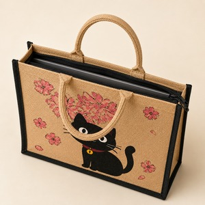 Custom Printed Jute Rope Handle Shopping Tote <b>Bag</b> Reusable Gift <b>Carry</b> <b>Bag</b> Floral <b>Cat</b> Pattern for Daily Grocery Use - Product Image 2