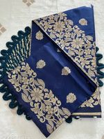 Sari de Seda Azul con Bordado Floral Dorado y Borde para Mujer, para Bodas y Fiestas, de Secado Rápido y Ligero, al Mejor Precio