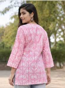 Wholesale <b>Indian</b> Hand Block Printed Pink Cotton Tank <b>Tops</b> Casual Summer Animal Vintage Quick Dry Eco-Friendly Breathable Women - Product Image 3