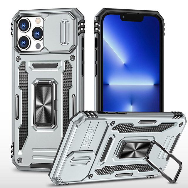 Shockproof Heavy Duty Kickstand Covers for iPhone 17 16 15 14 13 Pro Max Slide Camera Case Ring Bracket Phone Case