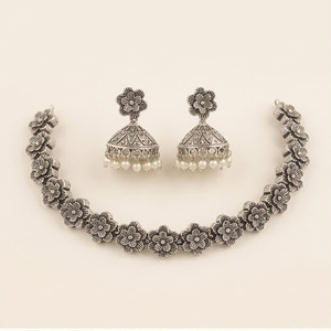 Floral <b>Choker</b> Necklace Jhumka Earrings Set Tibetan <b>Silver</b> Antique Finish Zircon Adjustable Length for Women's Wedding Party - Product Image 1