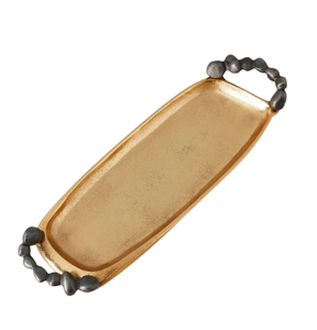 Plateau de service rectangulaire en acier avec poignée perlée en pierre et finition dorée – Nouveautés en promotion – Articles de cuisine - Product Image 1
