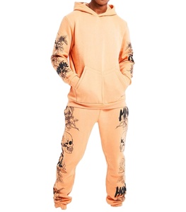 Chándal acampanado bordado desgastado lavado ácido logotipo personalizado conjunto Jogger 100% algodón para hombre con cuello con capucha para invierno - Product Image 1