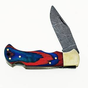 Cuchillo de bolsillo plegable EDC de acero de Damasco hecho a mano de primera calidad con punta recta y mango de madera, logotipo personalizado de fábrica - Product Image 4