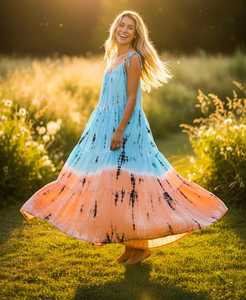 Tie Dye Maxi Dress Women Boho A-Line <b>Spaghetti</b> Strap Rayon Loose Summer Casual Tiered Layered <b>Long</b> Sleeveless Dress - Product Image 1