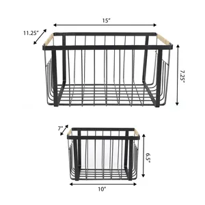 Panier de rangement en fil métallique avec poignées en bois 15x11.25x7.25 pouces et 10x7x6.5 pouces pour l'organisation de la cuisine - Product Image 1