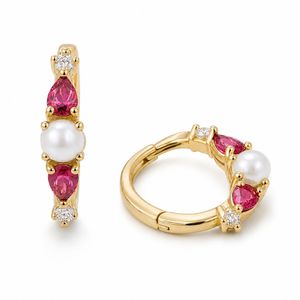 Pendientes Huggie de Plata de Ley 925 al por Mayor, Chapados en Oro de 18K, con Perlas y Circonitas Rosas - Product Image 2