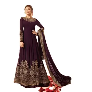 孟加拉国传统风格重型乔其纱金色刺绣长裙型草坪连衣裙