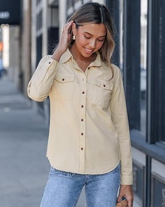 Chemise boutonnée en coton rouge pour femmes, manches trois quarts, couleur unie, col rabattu, coupe régulière, hauts de loisirs toutes saisons - Product Image 6