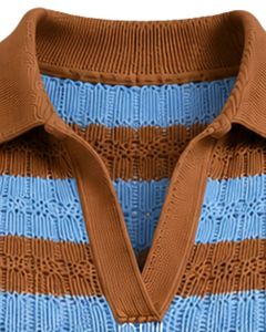 Mono de punto a rayas azul cielo y marrón para mujer, manga corta, cuello polo, informal de verano, de una pieza, ajustado, diseño personalizado - Product Image 5