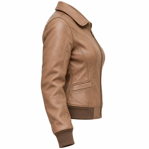 Wholesale Taupe Sand Real Cowhide Leather Bomber Jacket Womens Custom Ribbed Trim Fold Collar Casual <b>Ladies</b> <b>Coat</b> Manufacturer - Product Image 3