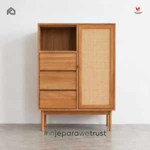 Armoire de rangement en bois massif scandinave moderne personnalisable avec 3 tiroirs et 4 étagères, meubles de salon, fabrication Jepara - Product Image 1